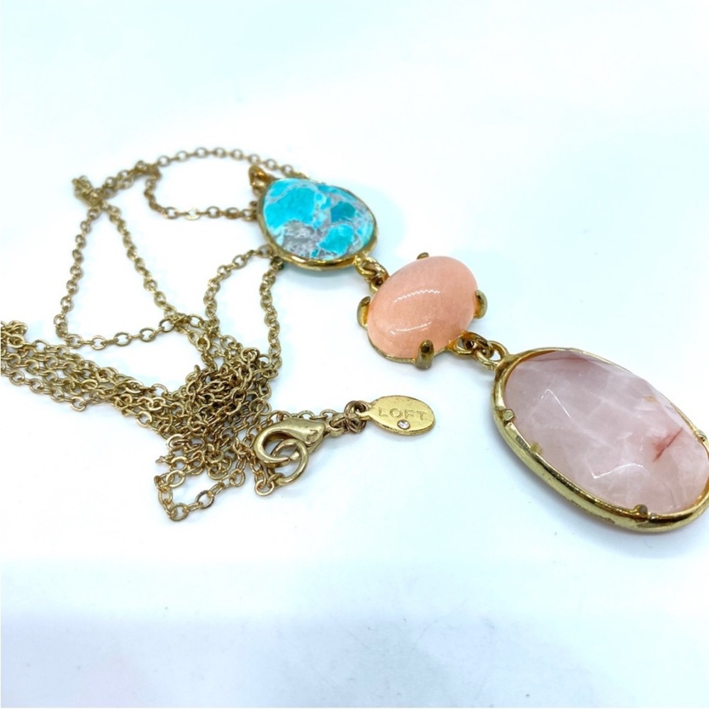 LOFT Multi Stone Turquoise & Pink Quartz Semiprecious Stones Long Gold Necklace